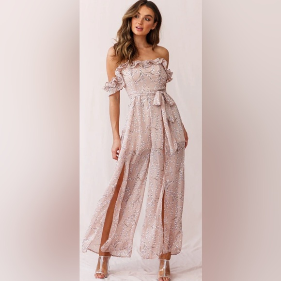 Saints and Secrets Pants - JAZZ BARDOT NECKLINE WIDE LEG SPLIT JUMPSUIT FLORAL PRINT BLUSH OFF-SHOULDERS